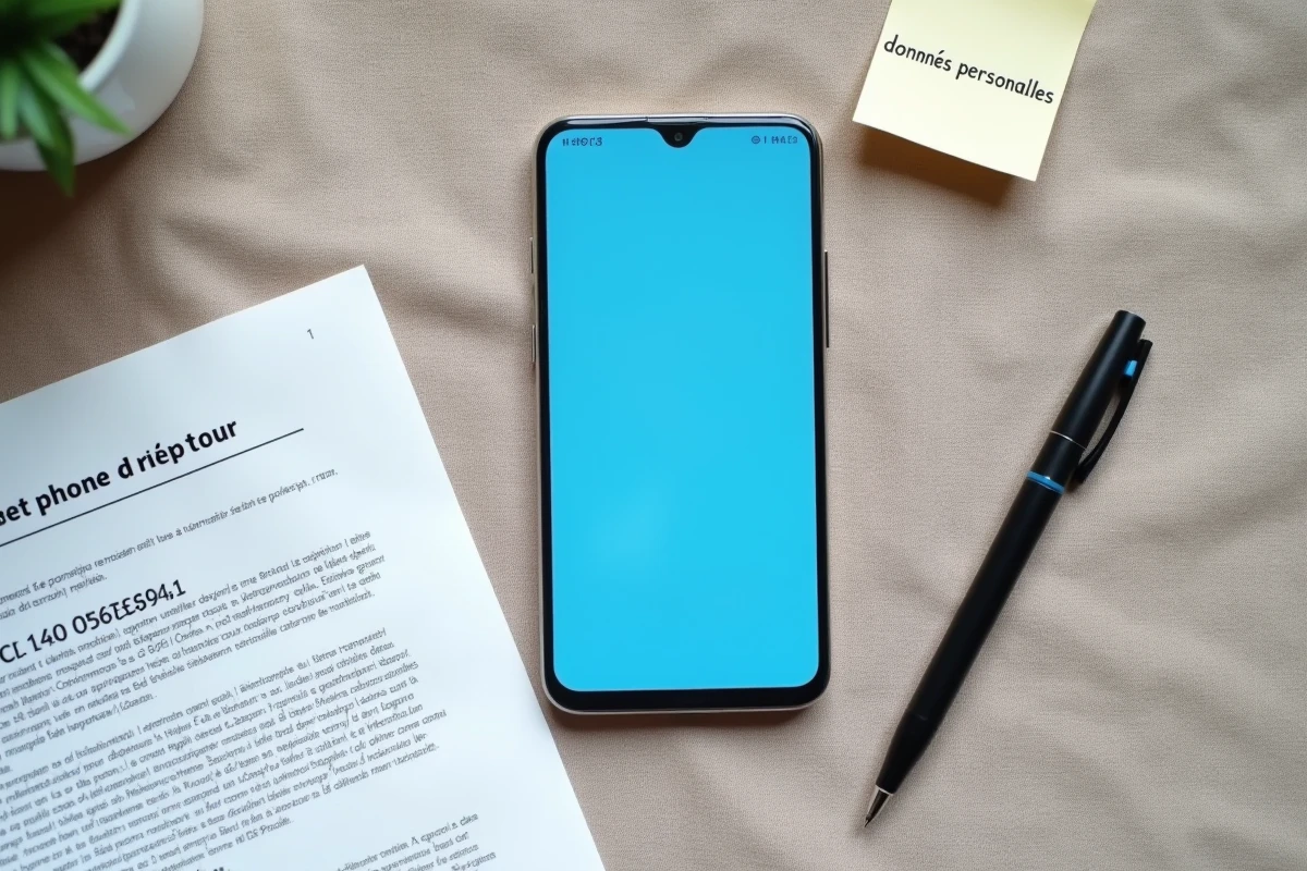 Vue aérienne d'un smartphone affichant un annuaire inversé avec documents RGPD sur bureau minimaliste