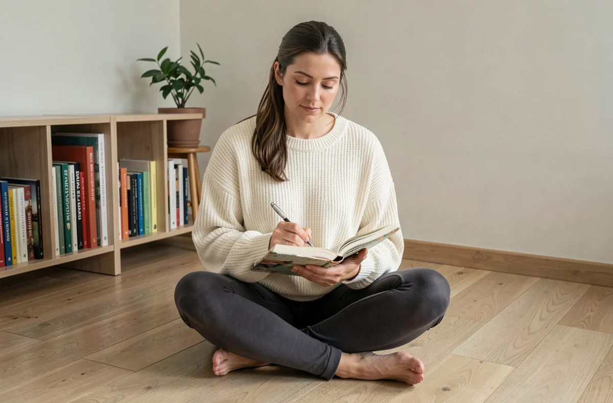 Femme écrivant dans un journal intime sur le sol de son appartement minimaliste, symbolisant la reconstruction personnelle et la transformation de la douleur amoureuse en moteur de croissance