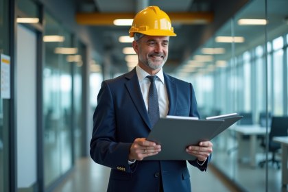 Manager securite en costume et casque jaune dans un bureau moderne