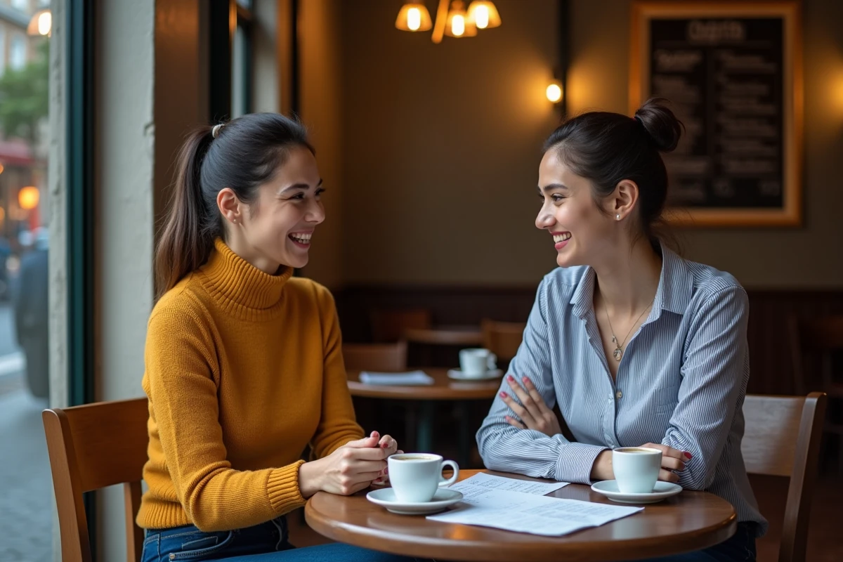 Deux femmes révisant ensemble les règles d'utilisation de 'au sein de' en français autour d'une feuille de grammaire dans un café parisien