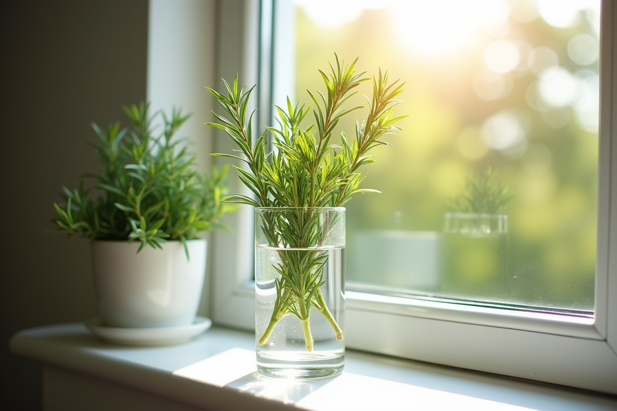 Plusieurs branches de romarin dans un verre d