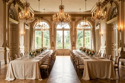 Salle de réception élégante en Île-de-France avec tables banquets, chandeliers et décor de château classique