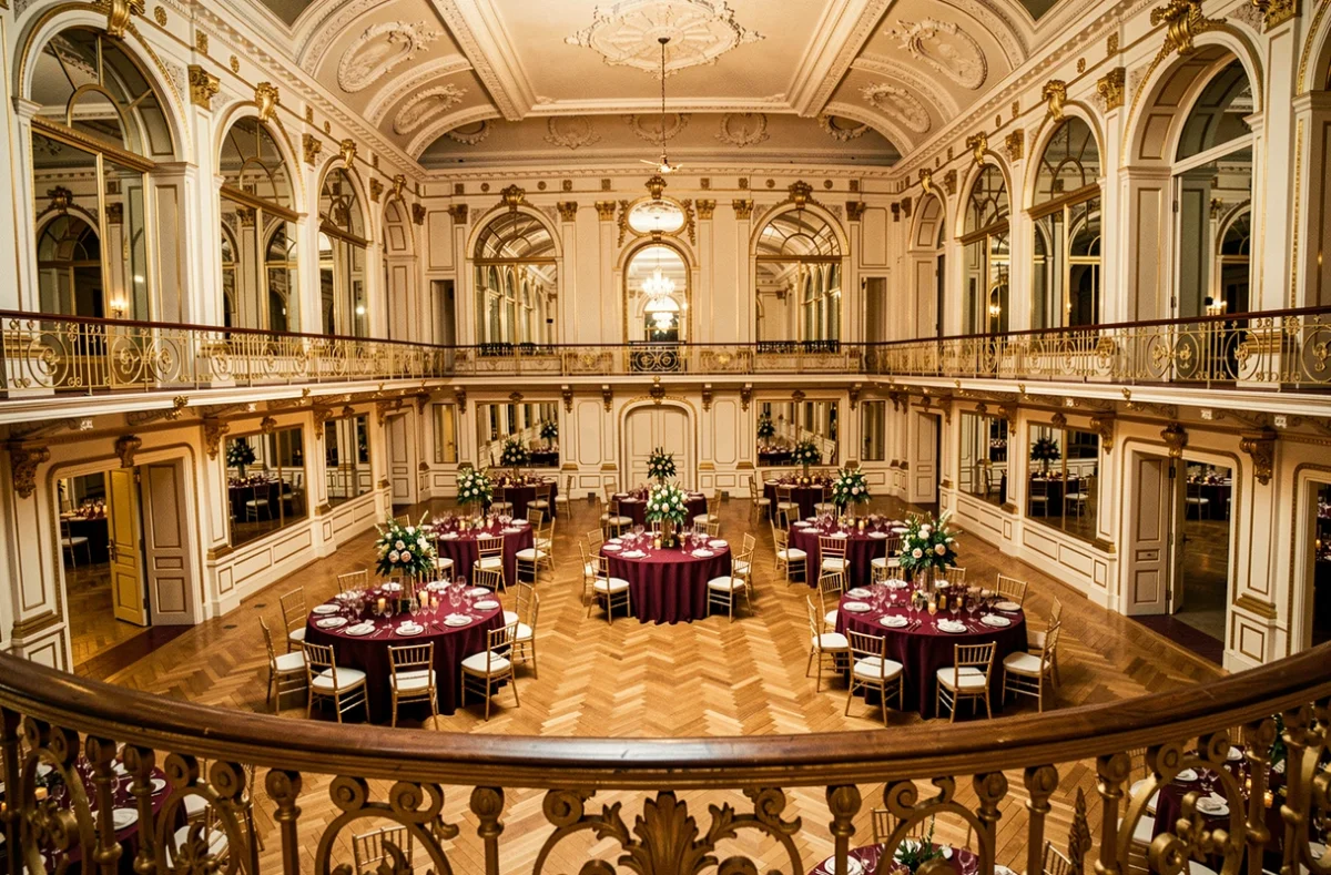 Intérieur de la Salle Wagram à Paris, salle de bal Belle Époque avec balcons dorés et décoration élégante pour gala
