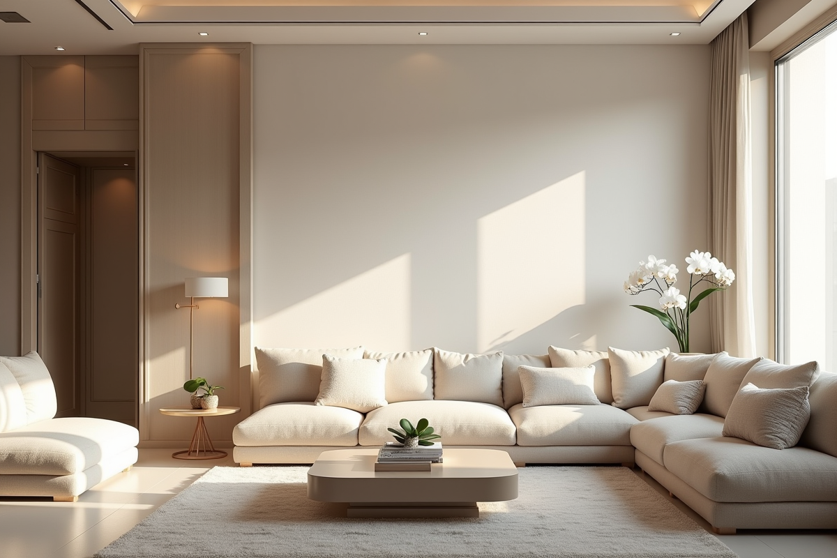 Salon minimaliste lumineux avec textures luxueuses