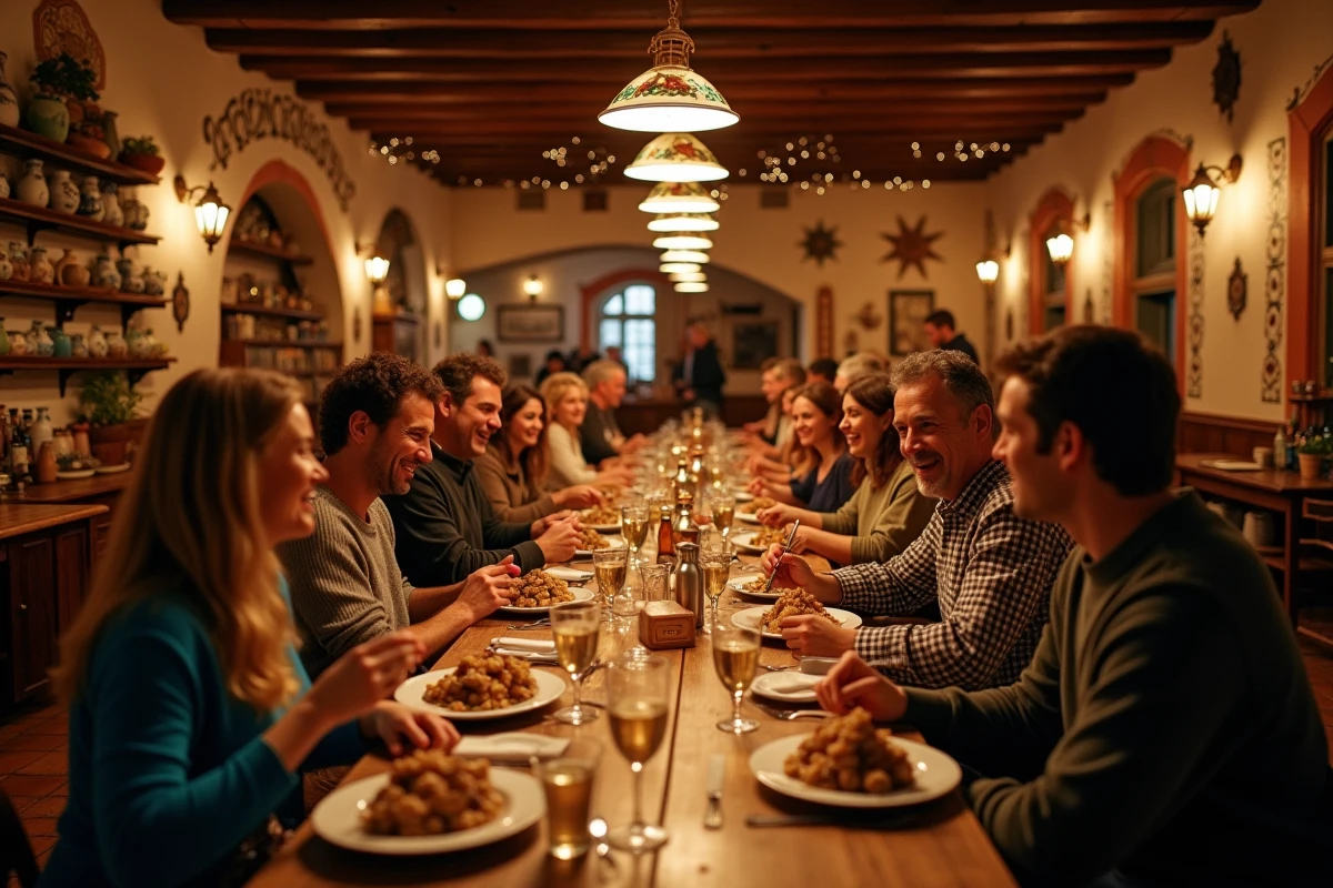 Soirée festive dans un winstub alsacien traditionnel avec tablée conviviale autour de spécialités locales et musique folklorique