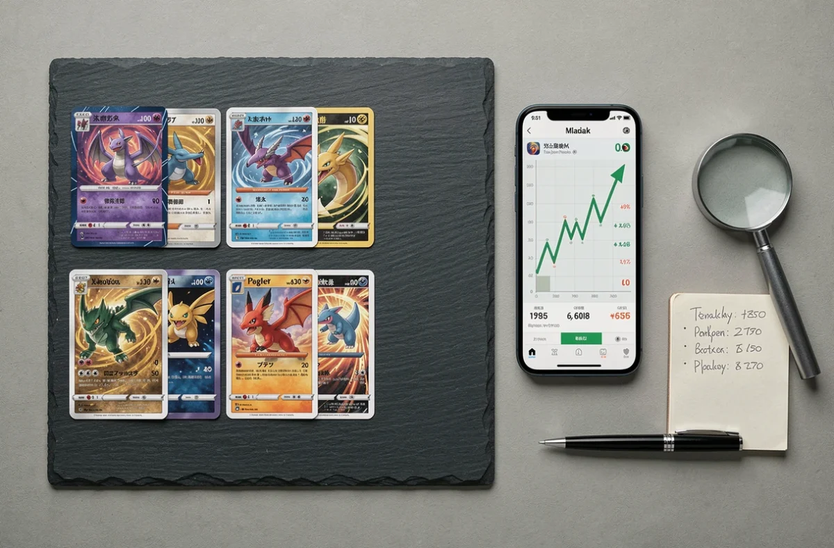 Vue du dessus d'un espace de collection de cartes Pokémon avec smartphone affichant des graphiques de prix en temps réel