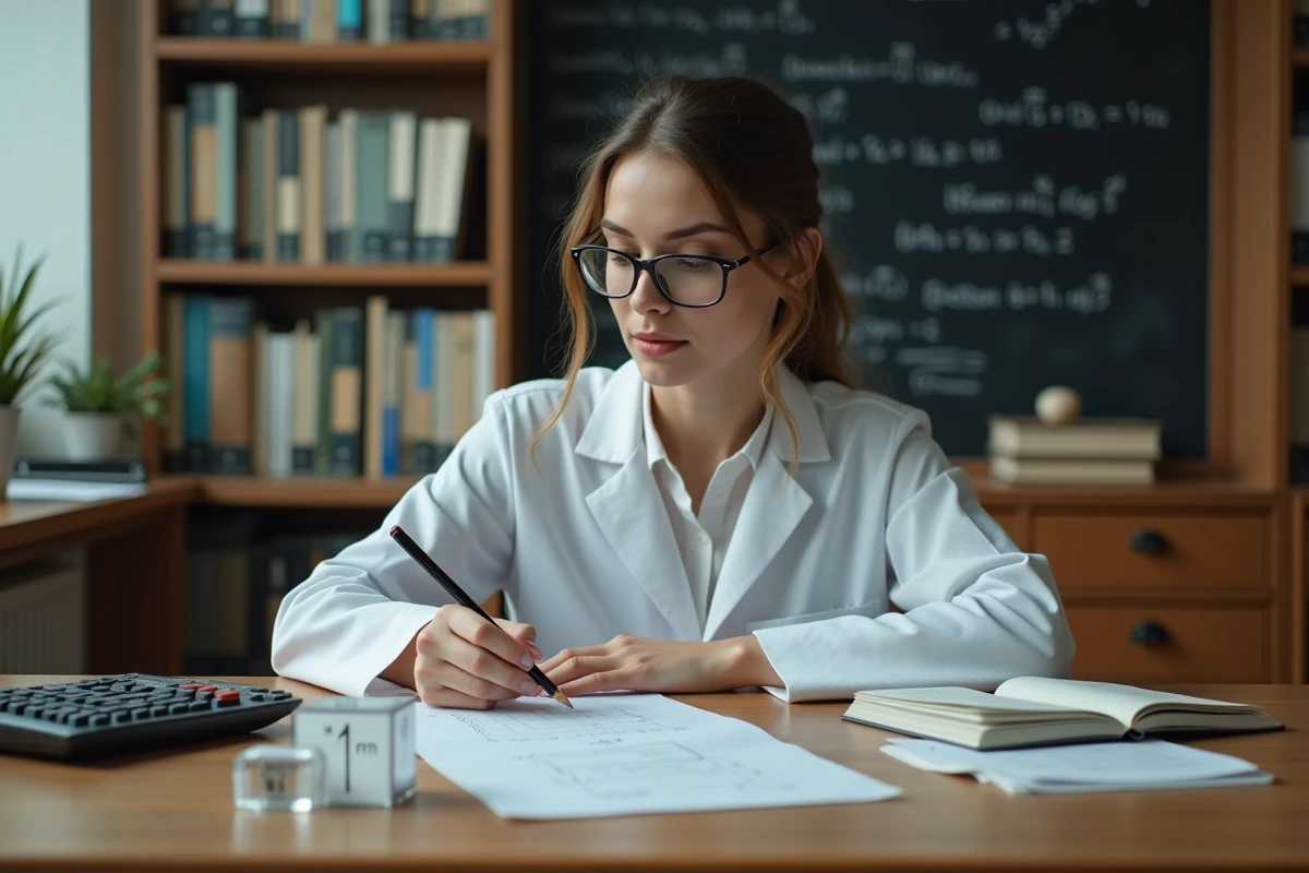 Femme scientifique rédigeant un tableau de conversion litre vers m3 avec un modèle cubique sur un bureau de laboratoire