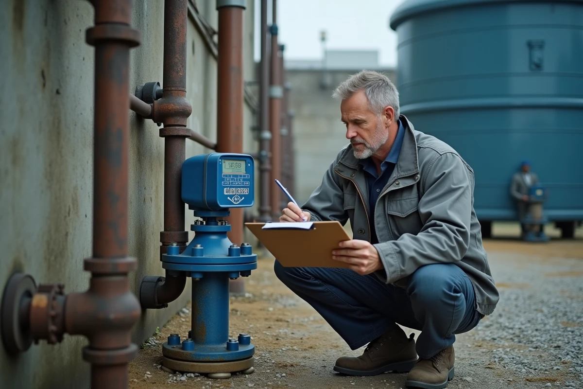 Plombier consultant un tableau de conversion litre m3 sur chantier extérieur avec compteur de débit industriel