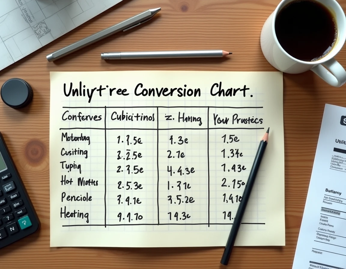 Tableau manuscrit de conversion m3 et litres pour chauffage et eau chaude sur un bureau en bois