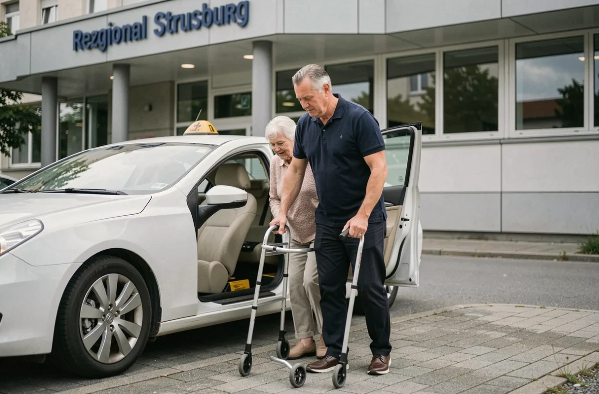 Un chauffeur de taxi aidant une femme âgée à descendre d'une berline blanche devant l'entrée d'un hôpital strasbourgeois, illustrant le service de taxi conventionné et médical Taxi Strasbourg U.M.S