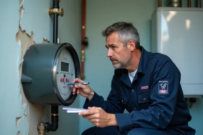 Technicien lisant un compteur de gaz en m3 dans une chaufferie résidentielle