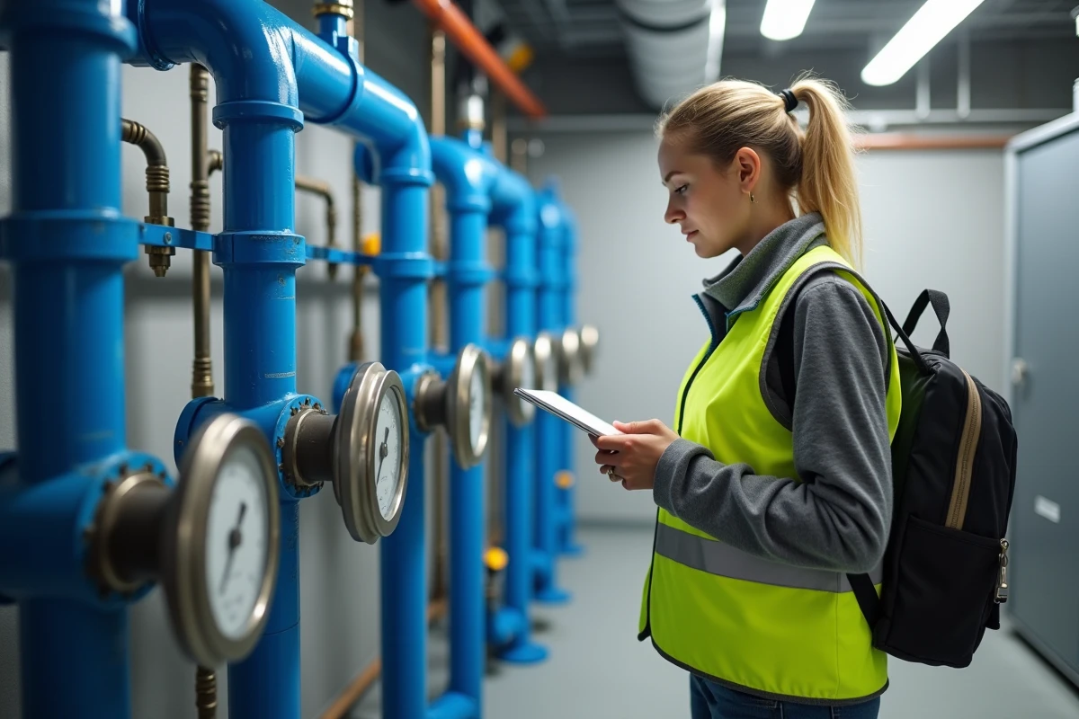 Technicienne inspectant un système hydrodynamique Chorus correctement dimensionné dans une chaufferie de bâtiment tertiaire