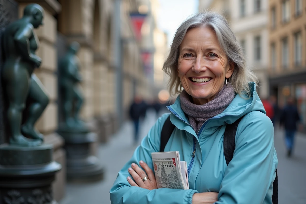 Touriste souriante posant devant le Manneken Pis à Bruxelles avec la statue visible derrière elle