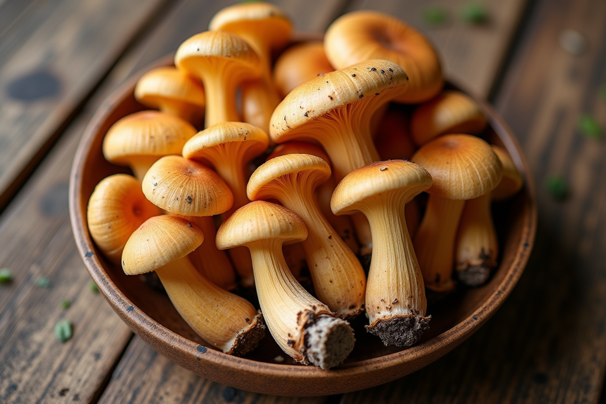 Main tenant des champignons chanterelle sur table en bois rustique