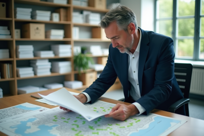 Urbaniste analysant des plans de zonage en bureau lumineux