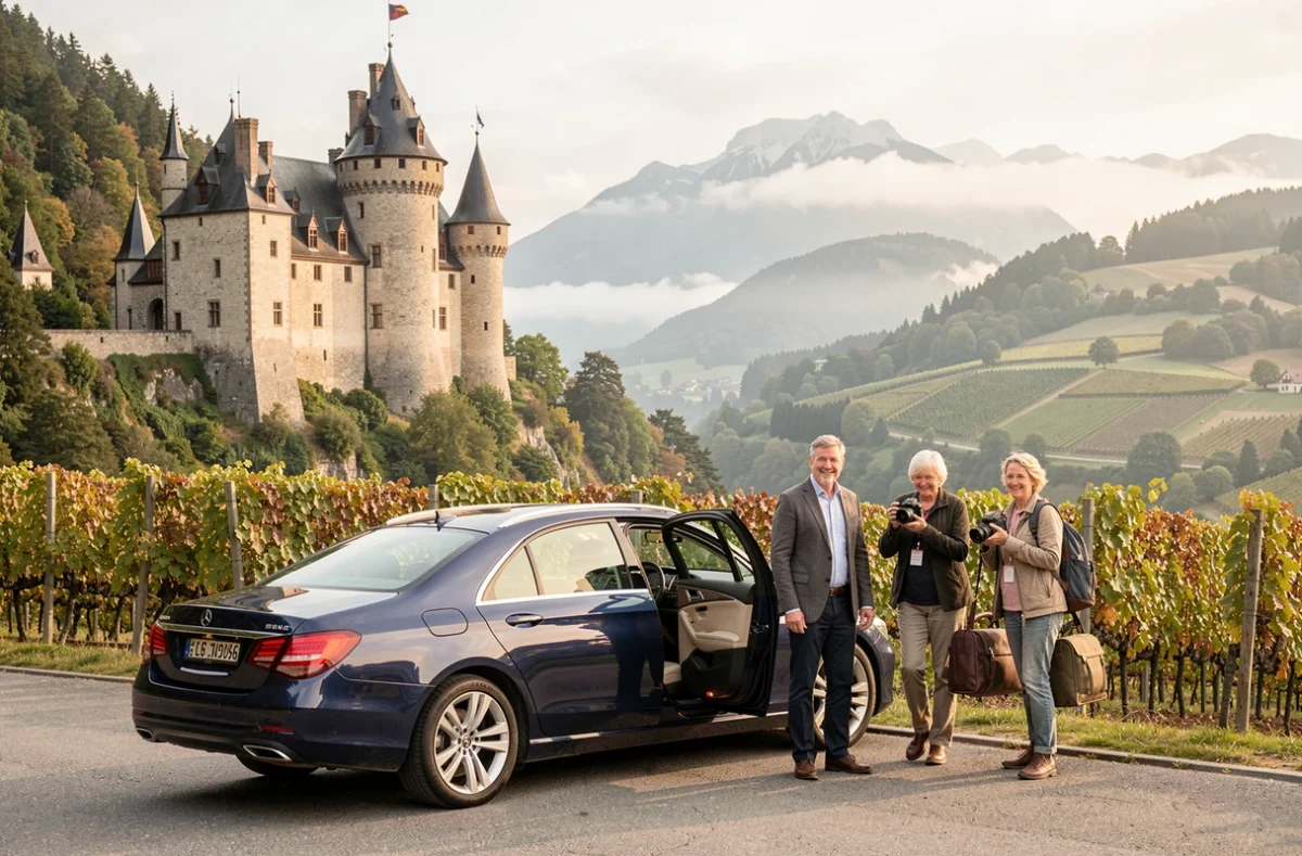 Un chauffeur ouvrant la portière d'une berline bleue devant le Château du Haut-Koenigsbourg en Alsace, avec des touristes en train de descendre, illustrant les circuits touristiques de VTC Strasa Strasz Strasbourgeoise