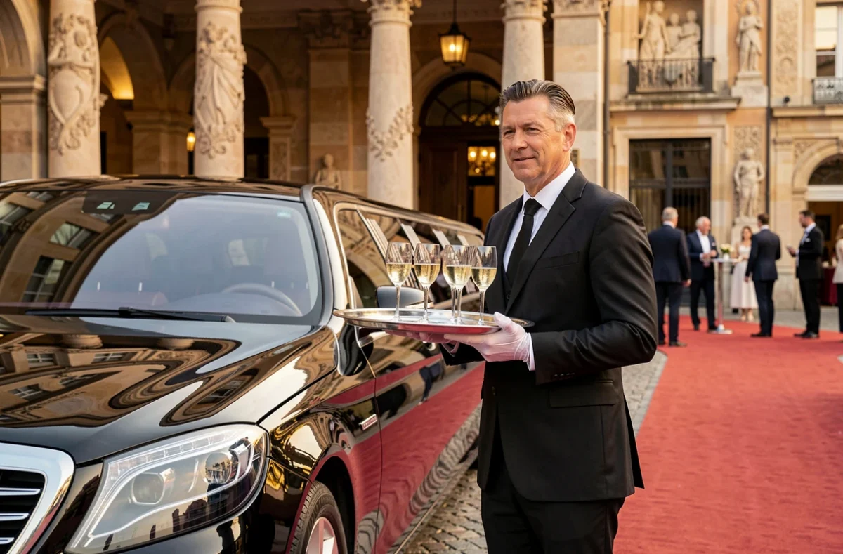 Un chauffeur en costume noir tenant un plateau de champagne à côté d'une limousine noire luxueuse devant un lieu d'événementiel strasbourgeois, illustrant VTC Strass Prestige et ses berlines haut de gamme