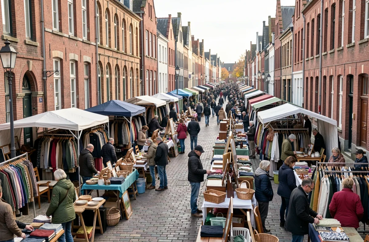 Vue d'ensemble animée d'une braderie dans le Nord-59 avec des allées de stands et une foule de visiteurs dans une rue piétonne flamande