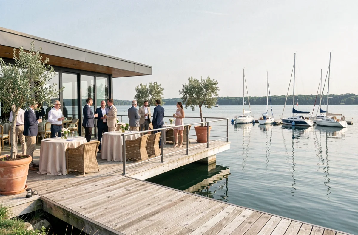 Le Yacht Club du Coudray-Montceaux en Essonne avec terrasse au bord du lac et réception nautique décontractée